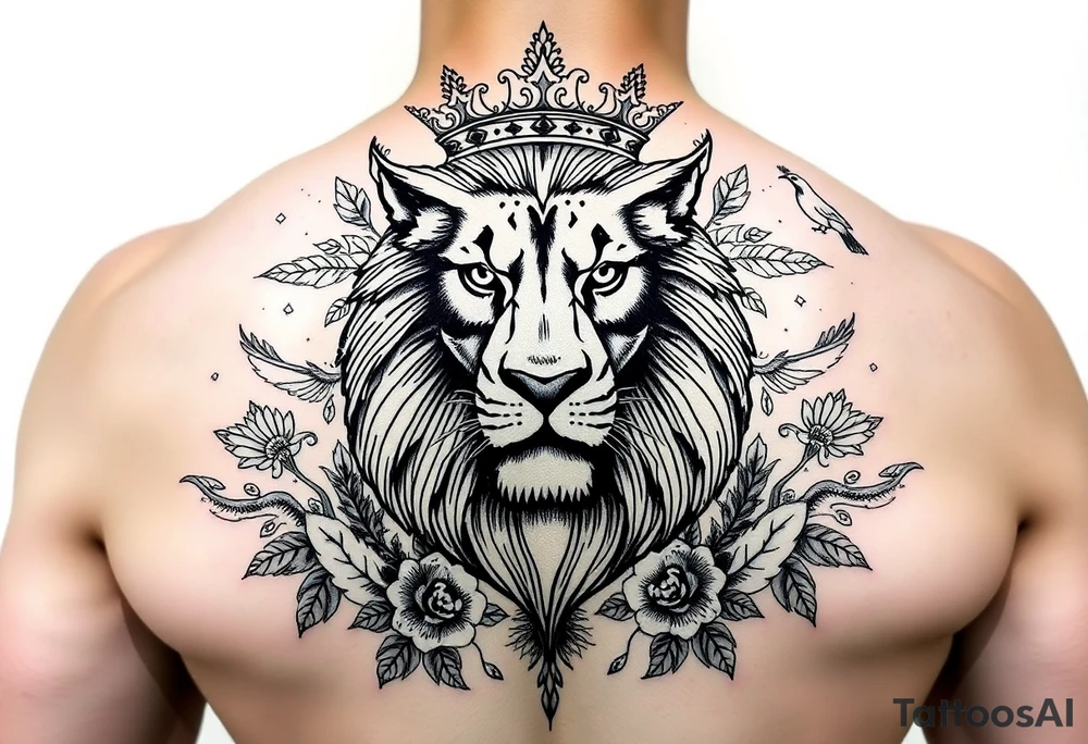 powerful majestic lion with a crown, surrounded by floral ornaments and birds tattoo idea