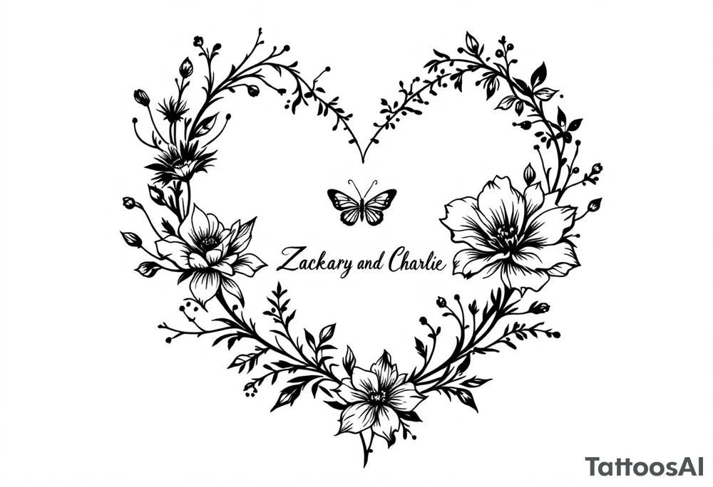 Flowers, heart and buttherfly with name Zackary and Charlie tattoo idea