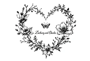 Flowers, heart and buttherfly with name Zackary and Charlie tattoo idea