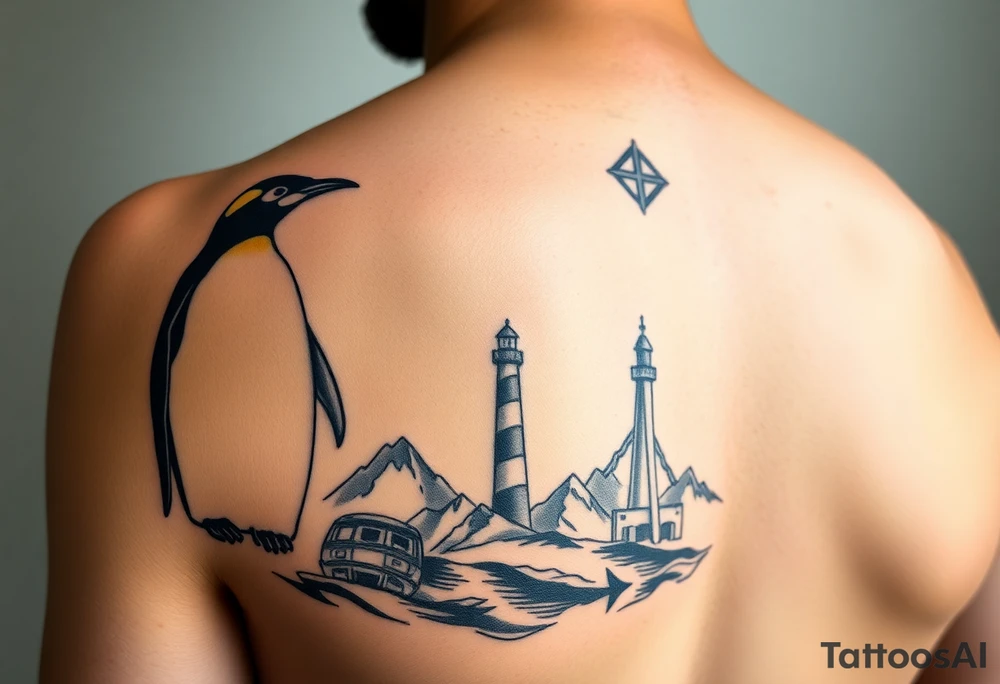 half sleeve compilation outlining important things in my life such as one adult emperor penguin and 3 baby penguins, celtic trinity knot, lighthouse, mountains/nature, the green bay packers, and something to represent my 3 boys tattoo idea