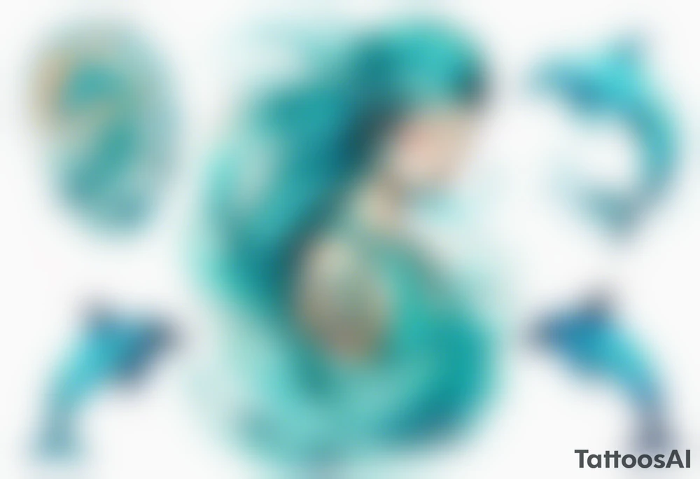 a turquoise woman dolphin hybrid emerging from the sea tattoo idea