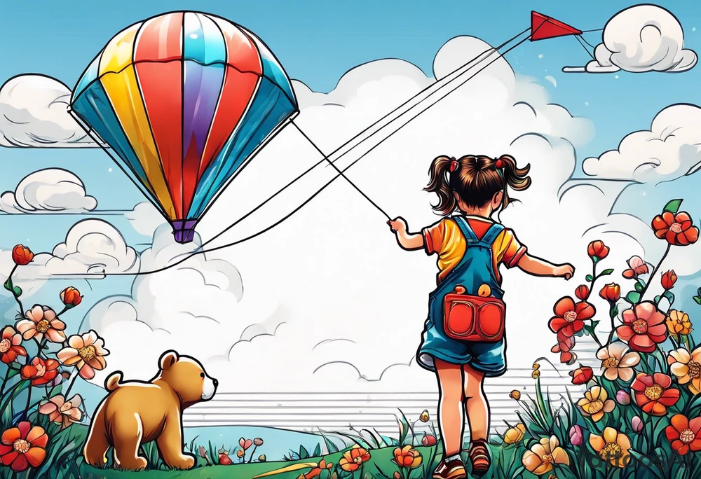back image of a little girl flying a kite with a teddy bear wearing overalls standing beside her tattoo idea