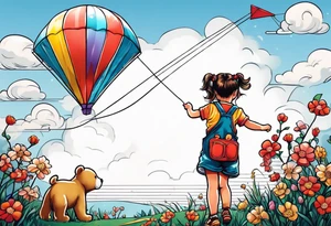 back image of a little girl flying a kite with a teddy bear wearing overalls standing beside her tattoo idea