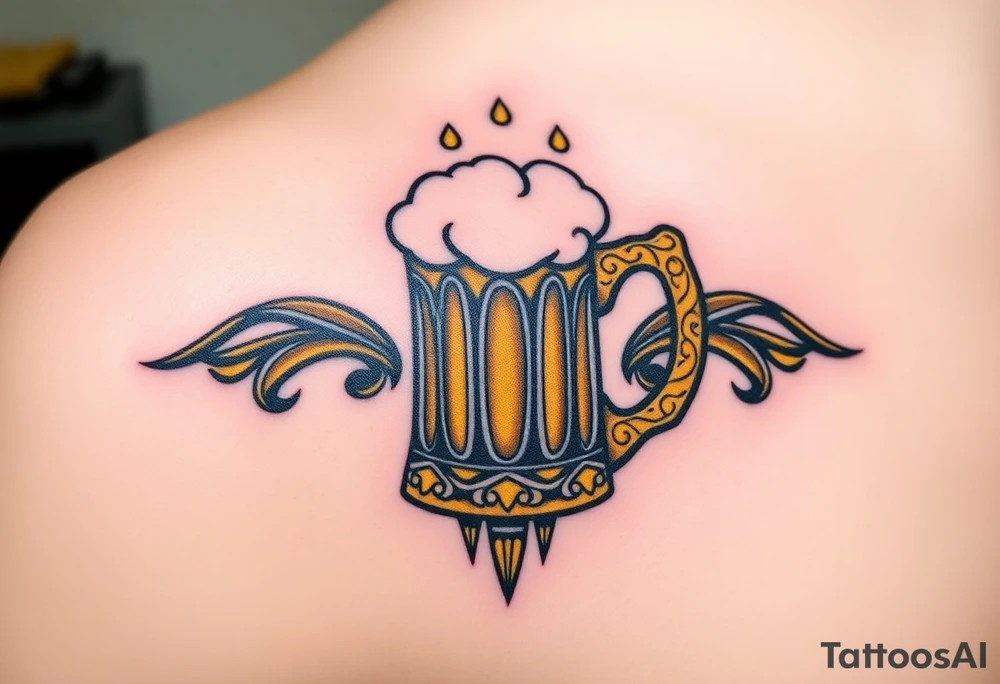 A frothy golden beer mug with condensation droplets, featuring intricate woodgrain textures on the handle tattoo idea