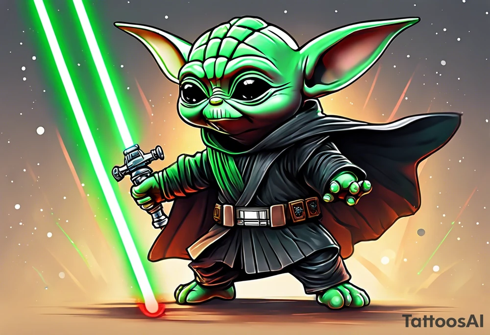 Baby grogu fighting Darth Vader while wielding a green lightsaber tattoo idea