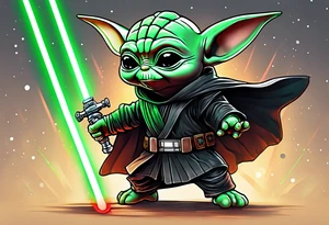 Baby grogu fighting Darth Vader while wielding a green lightsaber tattoo idea