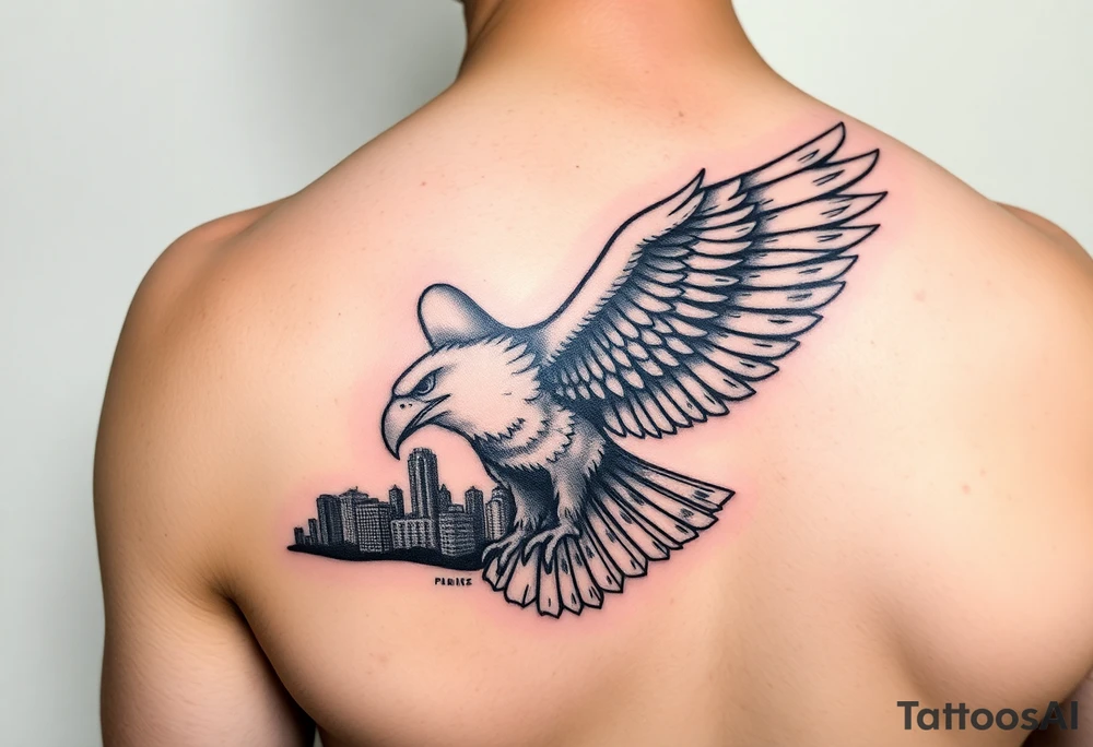 Philadelphia Eagle flying over Philadelphia city skyline faded with a Go Birds under it on arm tattoo idea