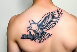 Philadelphia Eagle flying over Philadelphia city skyline faded with a Go Birds under it on arm tattoo idea