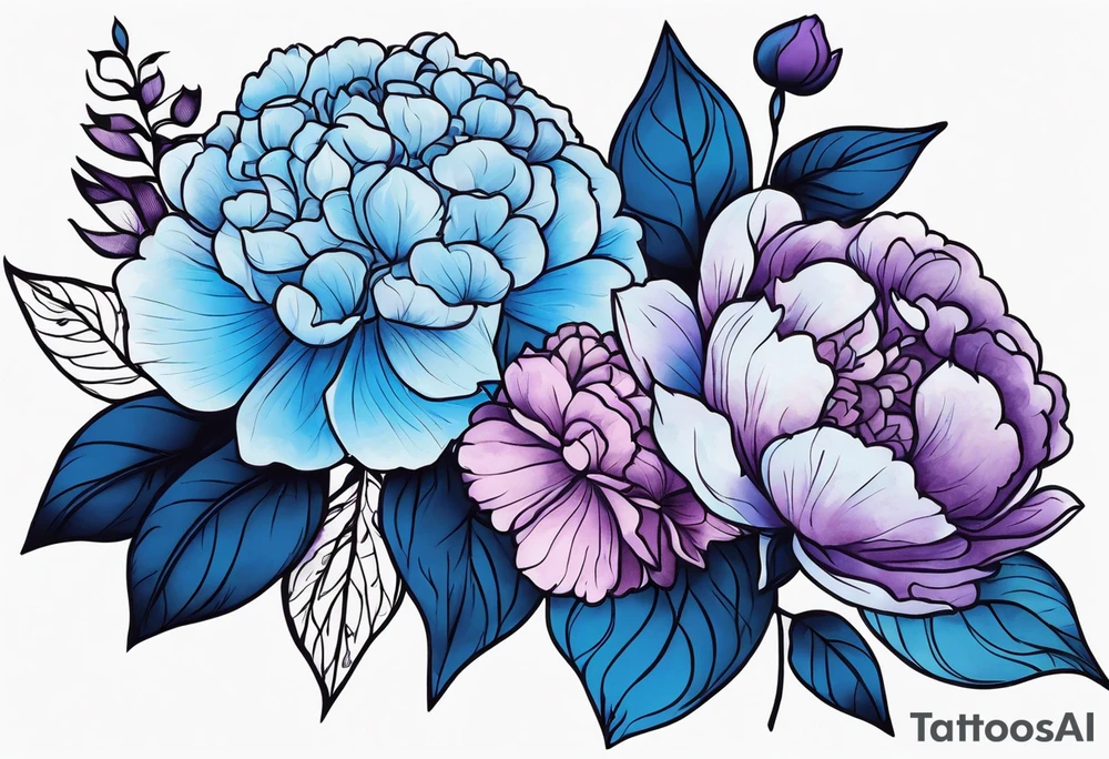 Blue and purple hydrangeas with peonies tattoo idea