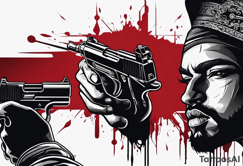 In the reflection of a eye crying blood two black siloets of people holding guns one man dead on the ground with a wounded woman standing behind him tattoo idea