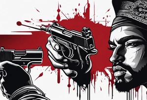 In the reflection of a eye crying blood two black siloets of people holding guns one man dead on the ground with a wounded woman standing behind him tattoo idea