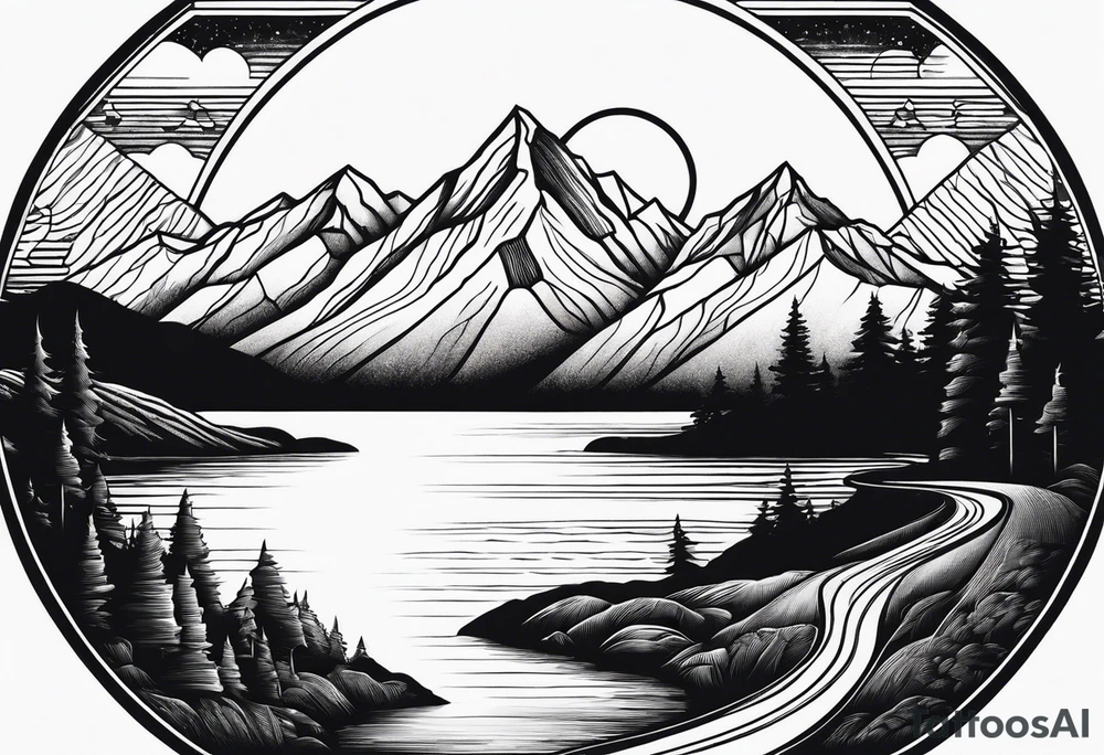 mountains, lake, road, sun tattoo idea