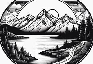mountains, lake, road, sun tattoo idea