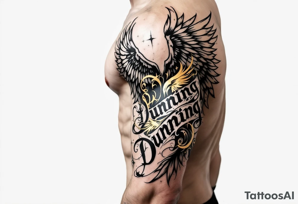 Dunning, details include bold strong font, gold highlights, theme of wealth and angel wings, taino native tattoo idea