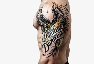 Dunning, details include bold strong font, gold highlights, theme of wealth and angel wings, taino native tattoo idea