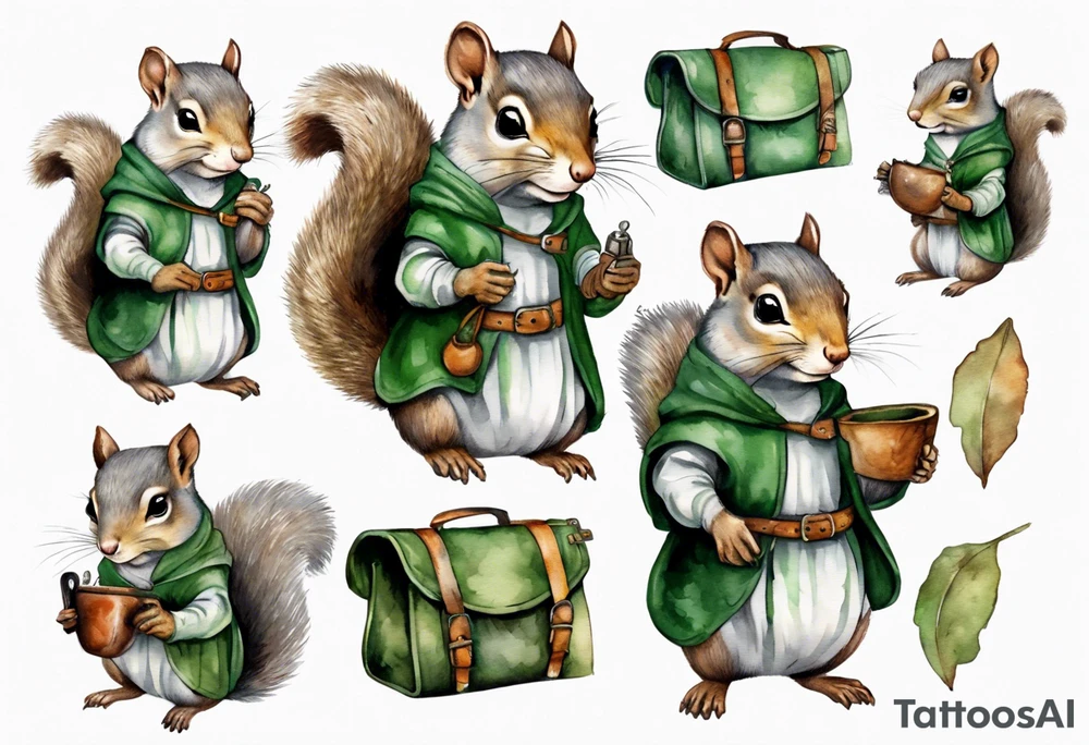 a female grey squirrel dressed in a grey and green tunic wearing a medieval messenger bag tattoo idea