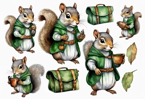 a female grey squirrel dressed in a grey and green tunic wearing a medieval messenger bag tattoo idea