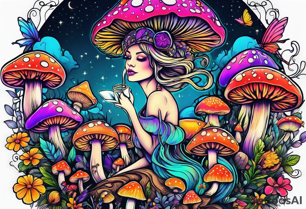 Fairies on mushrooms neon colors tattoo idea