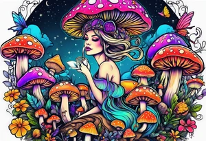 Fairies on mushrooms neon colors tattoo idea