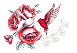 Vintage lace, red roses close together, bright red bird flying freely tattoo idea
