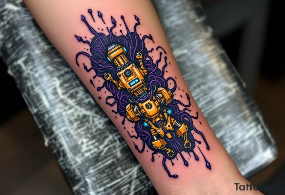A tattoo of a partially opened human forearm revealing glowing golden servos and deep purple wiring inside. tattoo idea