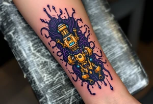 A tattoo of a partially opened human forearm revealing glowing golden servos and deep purple wiring inside. tattoo idea