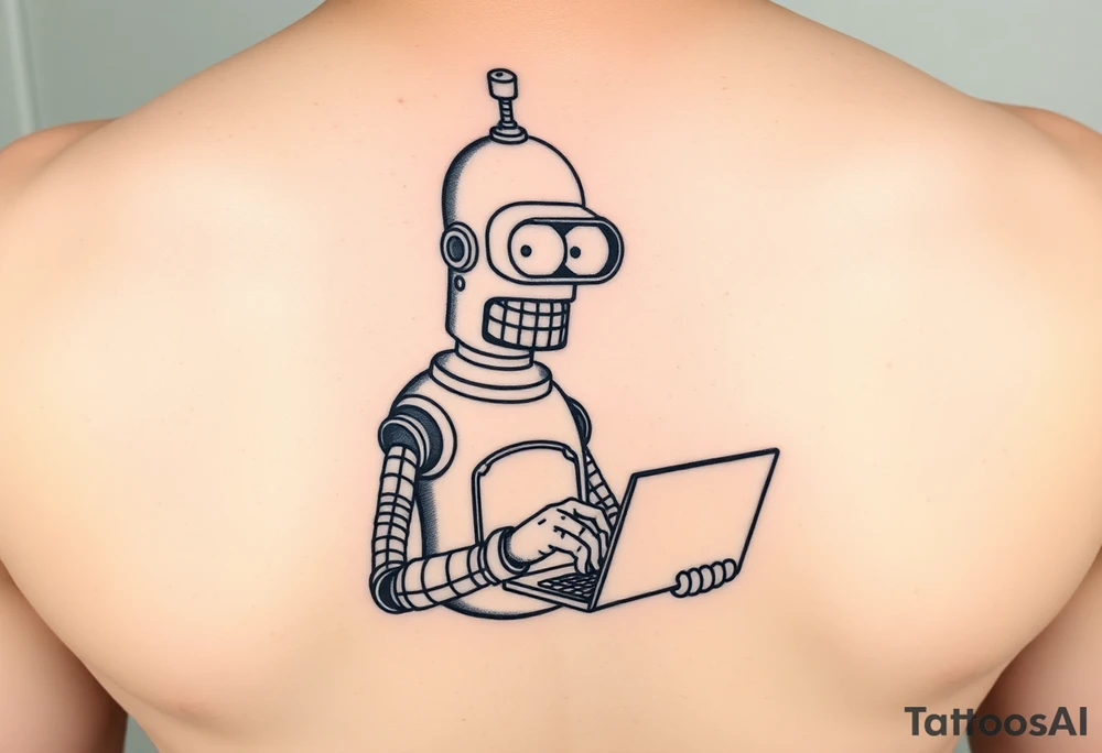 Tattoo design of a humorous robot inspired by Bender from Futurama, holding a laptop or typing on a keyboard, surrounded by lines of code in a programming language like C#. tattoo idea