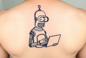 Tattoo design of a humorous robot inspired by Bender from Futurama, holding a laptop or typing on a keyboard, surrounded by lines of code in a programming language like C#. tattoo idea