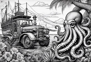Octopus with tractor arm wrapped around a pirate ship with jimmy buffet playing in the background tattoo idea