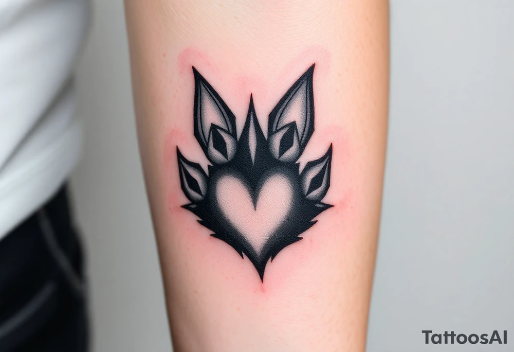 A black-and-gray shaded wolf paw forming, with sharp fur heart details and intense shading for a bold tattoo idea