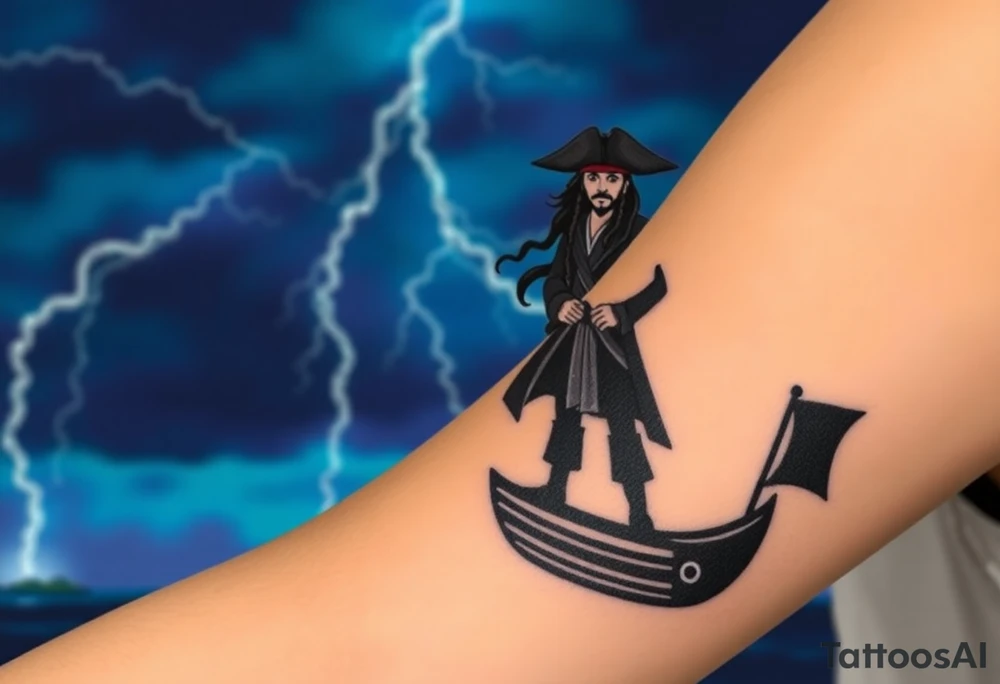 A dark silhouette of Jack Sparrow standing on the bow of a ship, with lightning illuminating the stormy sky behind him in deep blues and purples. tattoo idea