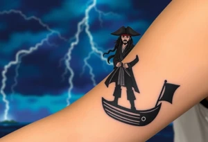 A dark silhouette of Jack Sparrow standing on the bow of a ship, with lightning illuminating the stormy sky behind him in deep blues and purples. tattoo idea