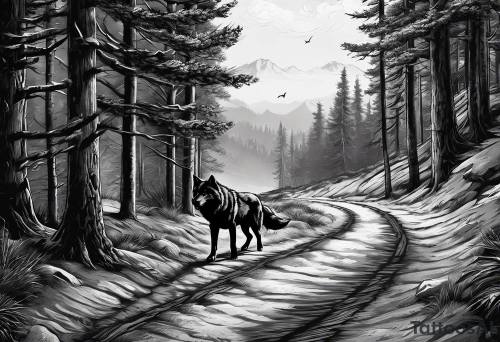 Lone wolf concept. A road or pathway with at one end a pack of animals heading in on direction. The lone wolf is heading in the other direction looking confident. tattoo idea