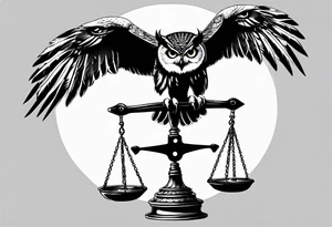 Flying owl holding a Libra scale with its claws tattoo idea