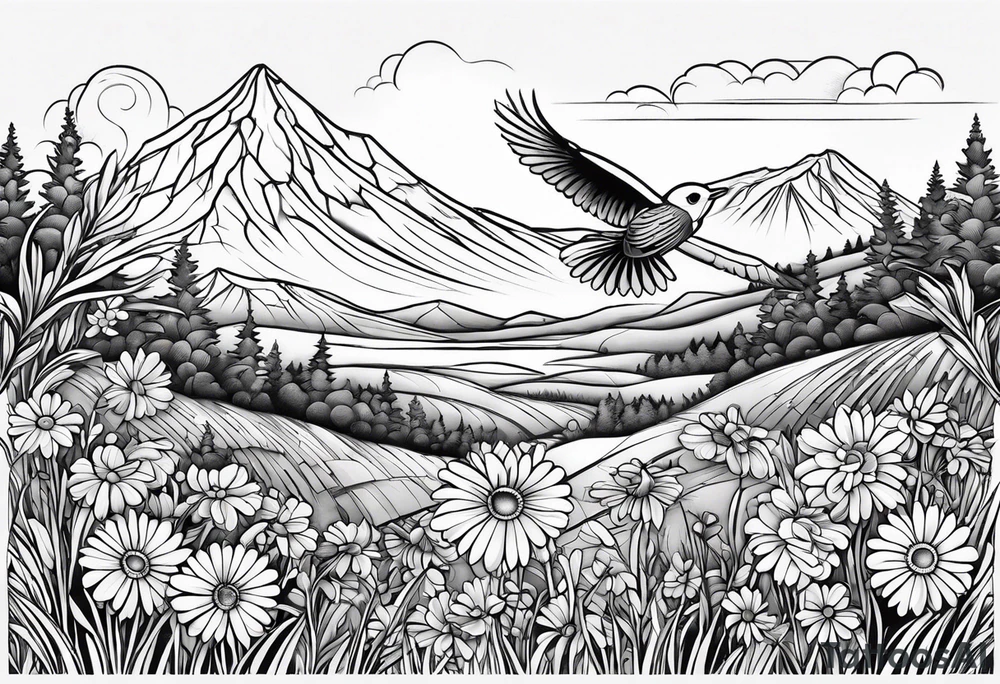 Small bird in field of grass and daisys Mountain View in distance tattoo idea