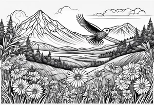 Small bird in field of grass and daisys Mountain View in distance tattoo idea