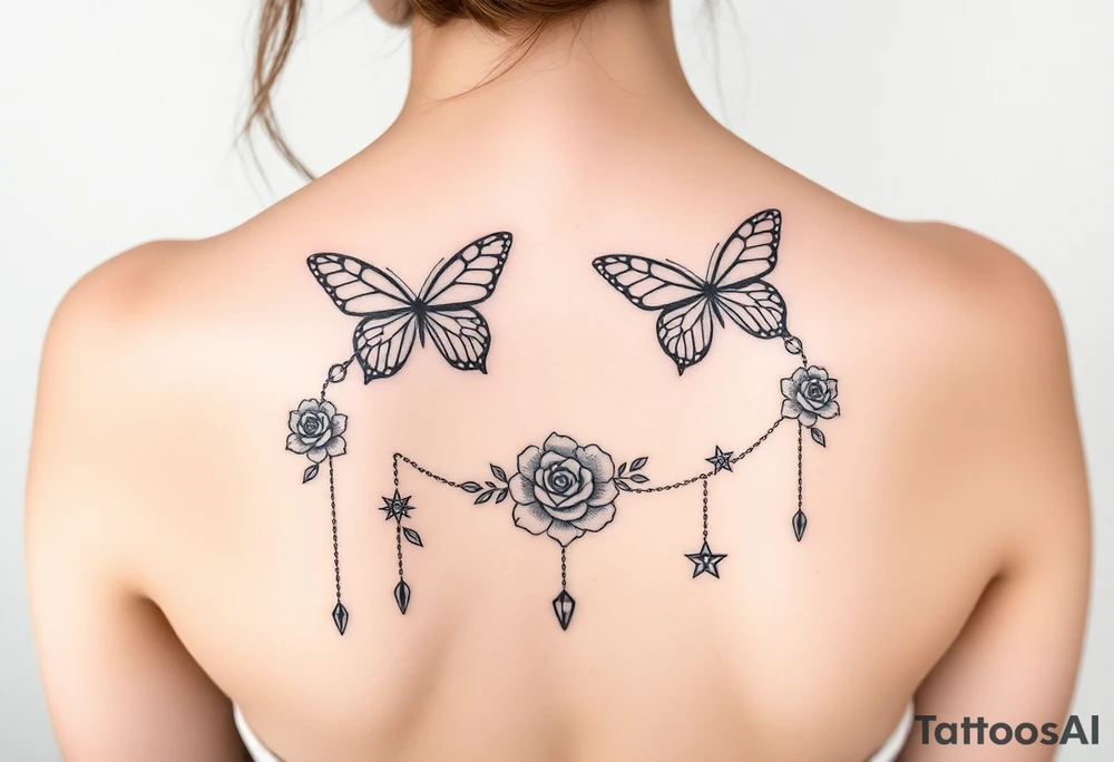 Butterflies, roses, gemstones on chains, stars tattoo idea Butterflies, roses, gemstones on chains, stars tattoo idea