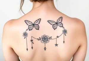 Butterflies, roses, gemstones on chains, stars tattoo idea