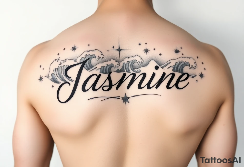 The word Jasmine on inner four arm with waves and stars in the background tattoo idea