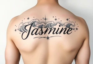 The word Jasmine on inner four arm with waves and stars in the background tattoo idea