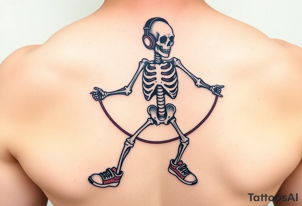 Funny skeleton exercises on a jump rope with a headphones colorful tennis shoes tattoo idea