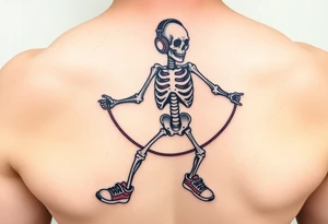 Funny skeleton exercises on a jump rope with a headphones colorful tennis shoes tattoo idea