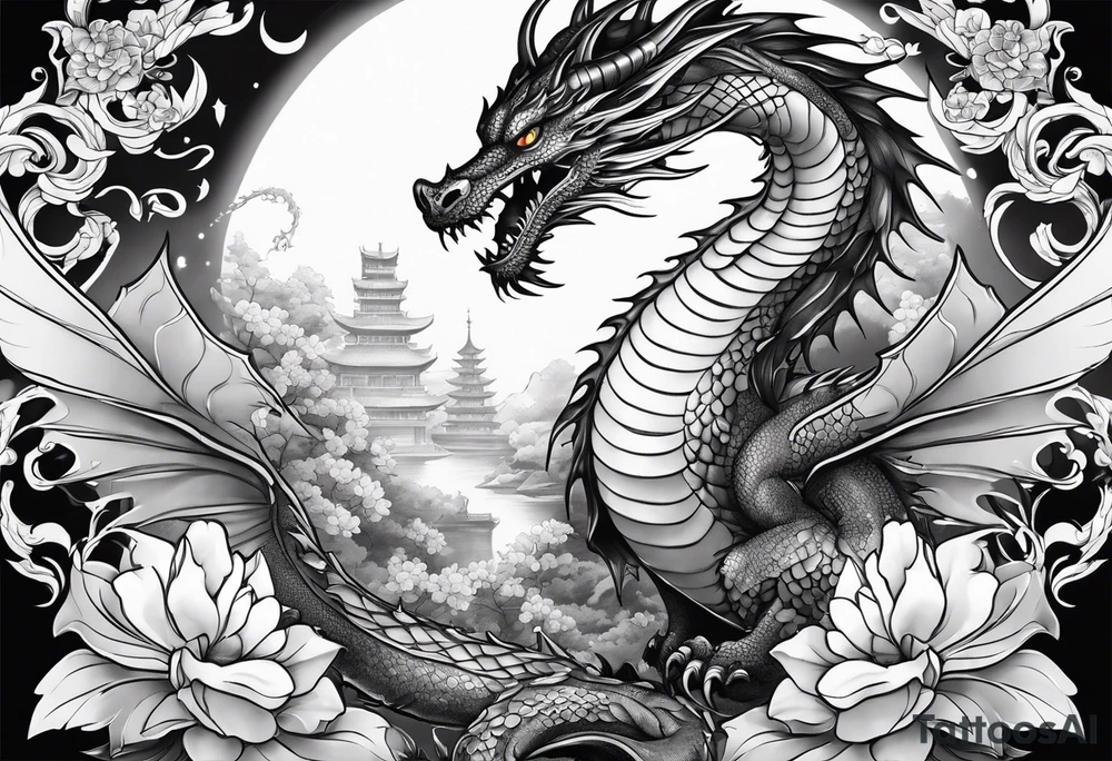 fairy and a dragon in the background tattoo idea