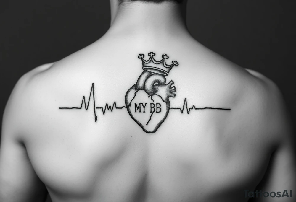 a heartbeat line with an anatomically correct heart with a crown tilted to the left ending the words "MY BB tattoo idea