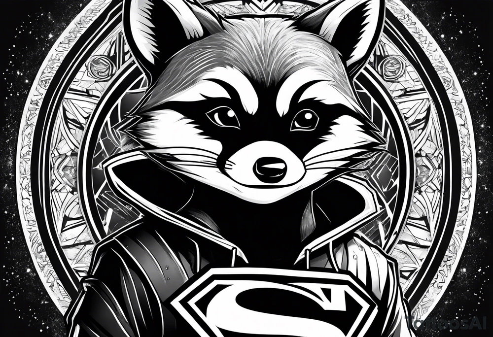 raccoon wearing a Superman hoodie tattoo idea