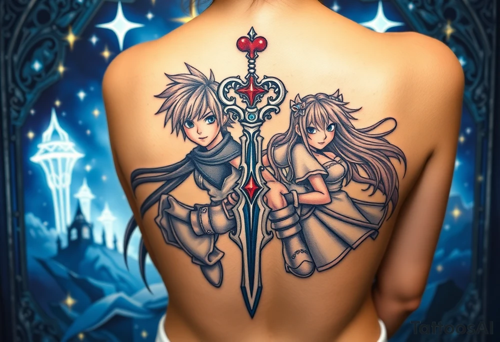 Kingdom Hearts tattoo design featuring from the game, together in a dynamic, united pose. The centerpiece should include the Heartless Keyblade, with a beautiful and ethereal Kingdom Hearts-inspired background—think glowing stars, floating islands, and stained-glass elements in backroung. The design should capture themes of friendship, light vs. darkness, and adventure. Style should be detailed, fantasy-oriented, and suitable for a large piece tattoo idea