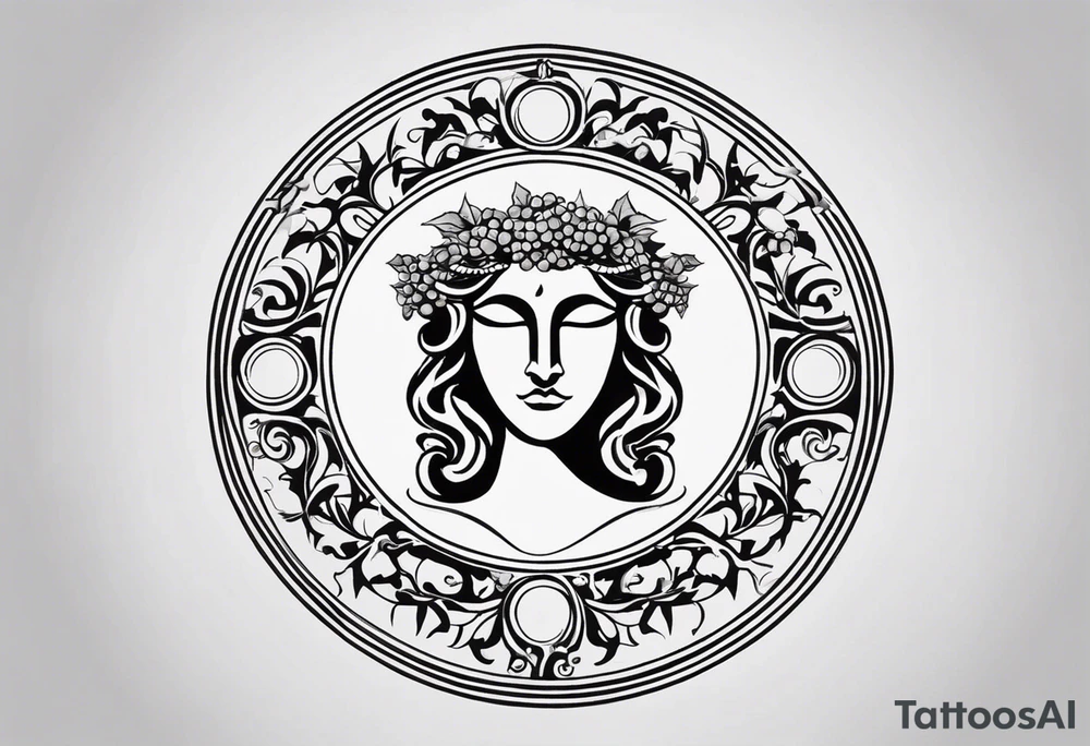 "Design a minimalist round tattoo inspired by ancient Greek art, centered around Dionysus and his love for theater. Create a circular composition with Dionysus depicted in the center, holding a theatrical mask and a goblet of wine. Surround him with simple yet symbolic elements such as grapevines, ivy leaves, or geometric patterns reminiscent of ancient Greek pottery. Ensure the design maintains a minimalist style, with clean lines and limited detail, while capturing the essence of Dionysus's affinity for both wine and theater within the circular frame." tattoo idea