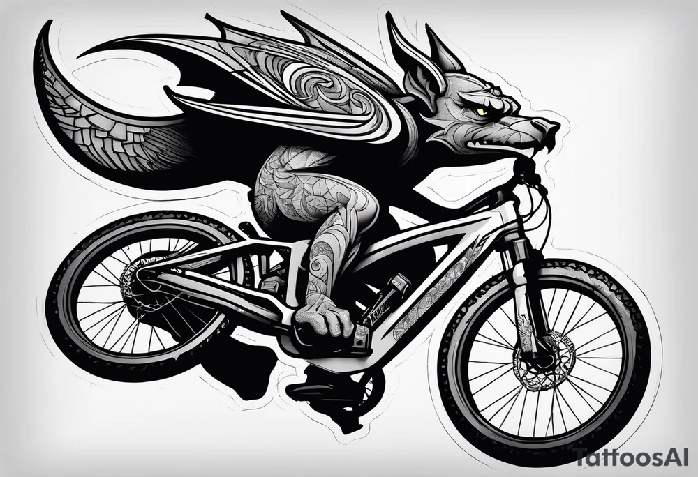 gargoyle riding a full suspension mountain bike with a shadow no background tattoo idea