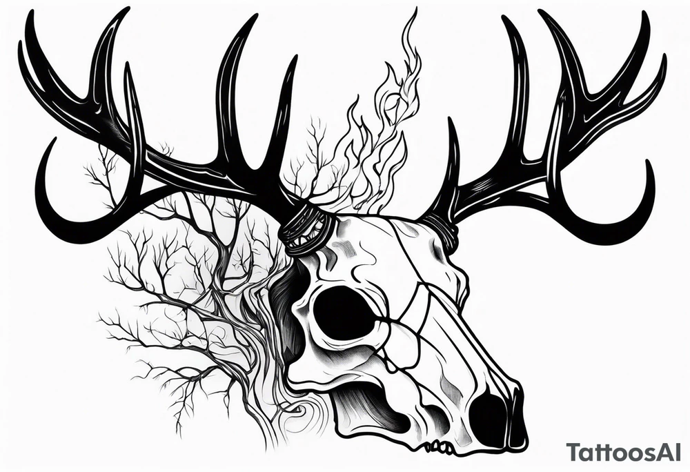 side profile of a DECAYING deer skull JUST BONE surrounded by a flames and trees tattoo idea
