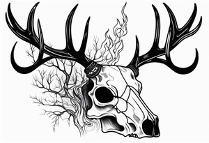 side profile of a DECAYING deer skull JUST BONE surrounded by a flames and trees tattoo idea